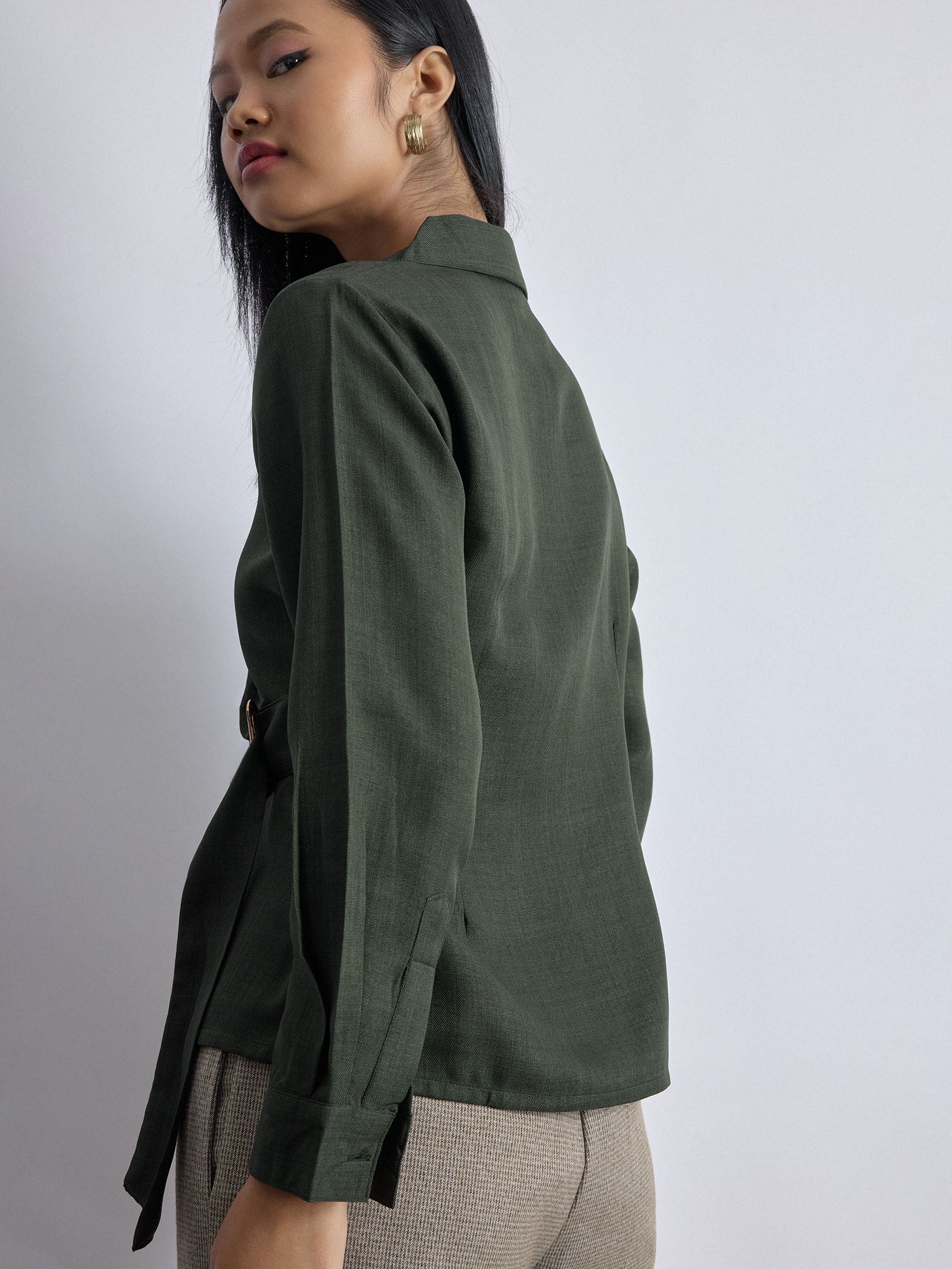 Dark Fern Linen Buckled Wrap Top