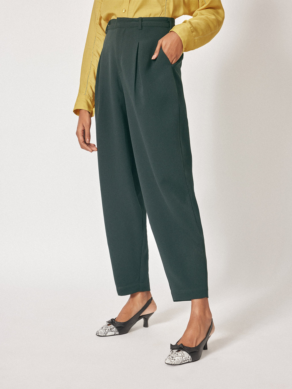 Dark Green Pleated Tapered Pants