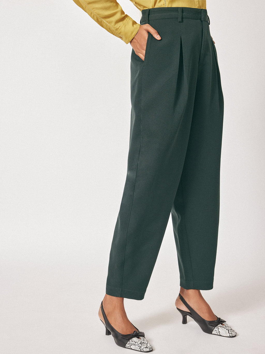 Dark Green Pleated Tapered Pants