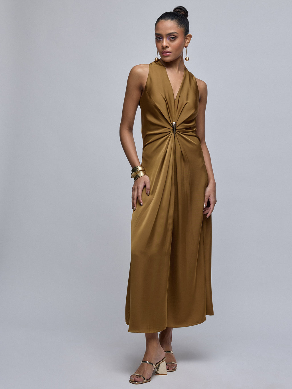 Dark Mustard Brooch-Detail Dress