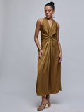 Dark Mustard Brooch-Detail Dress