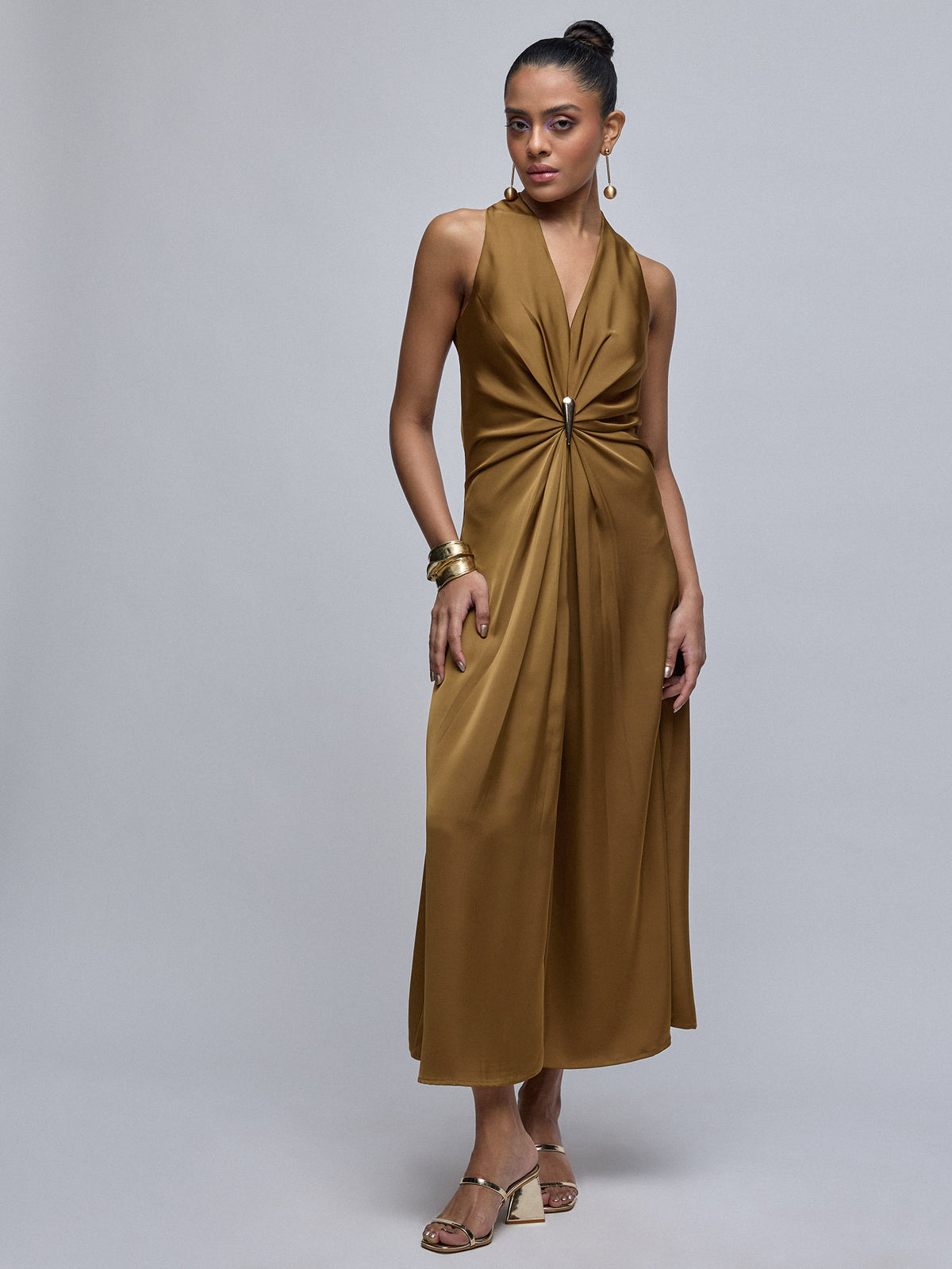 Dark Mustard Brooch-Detail Dress