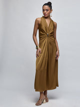 Dark Mustard Brooch-Detail Dress