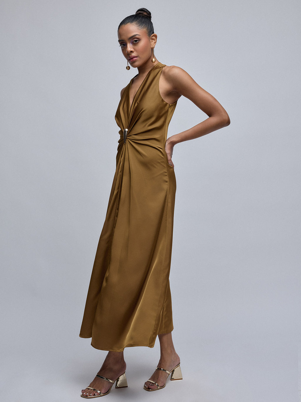 Dark Mustard Brooch-Detail Dress