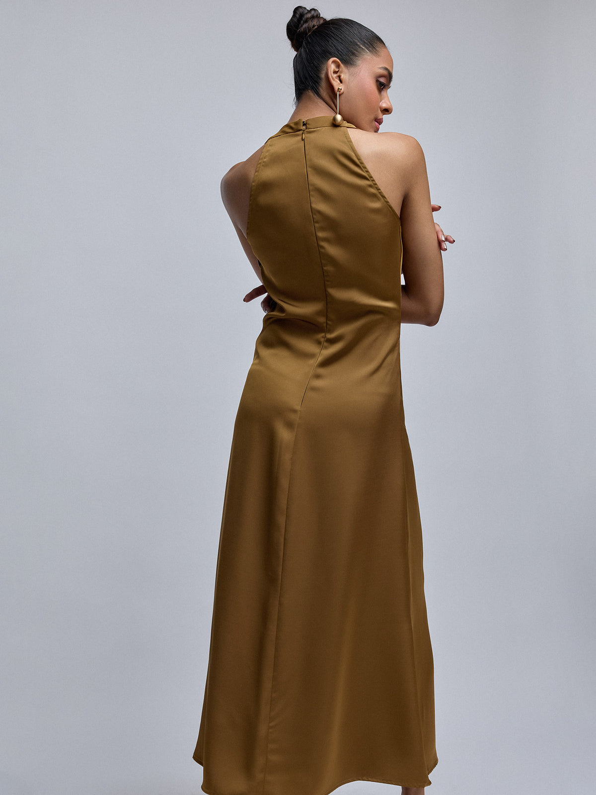 Dark Mustard Brooch-Detail Dress