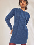 Dark Powder Blue Cable Knit Mini Dress