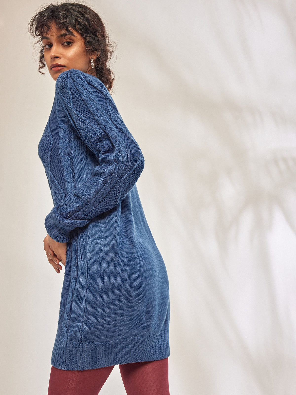 Dark Powder Blue Cable Knit Mini Dress
