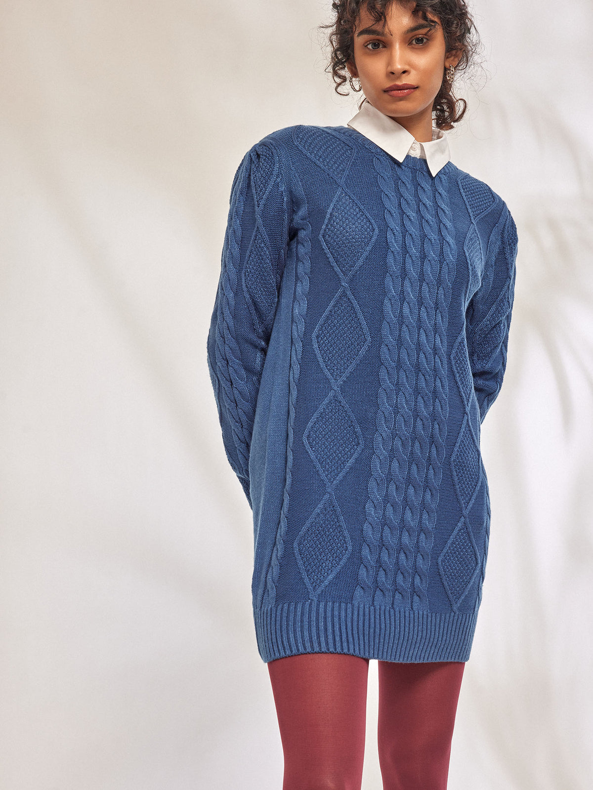 Dark Powder Blue Cable Knit Mini Dress