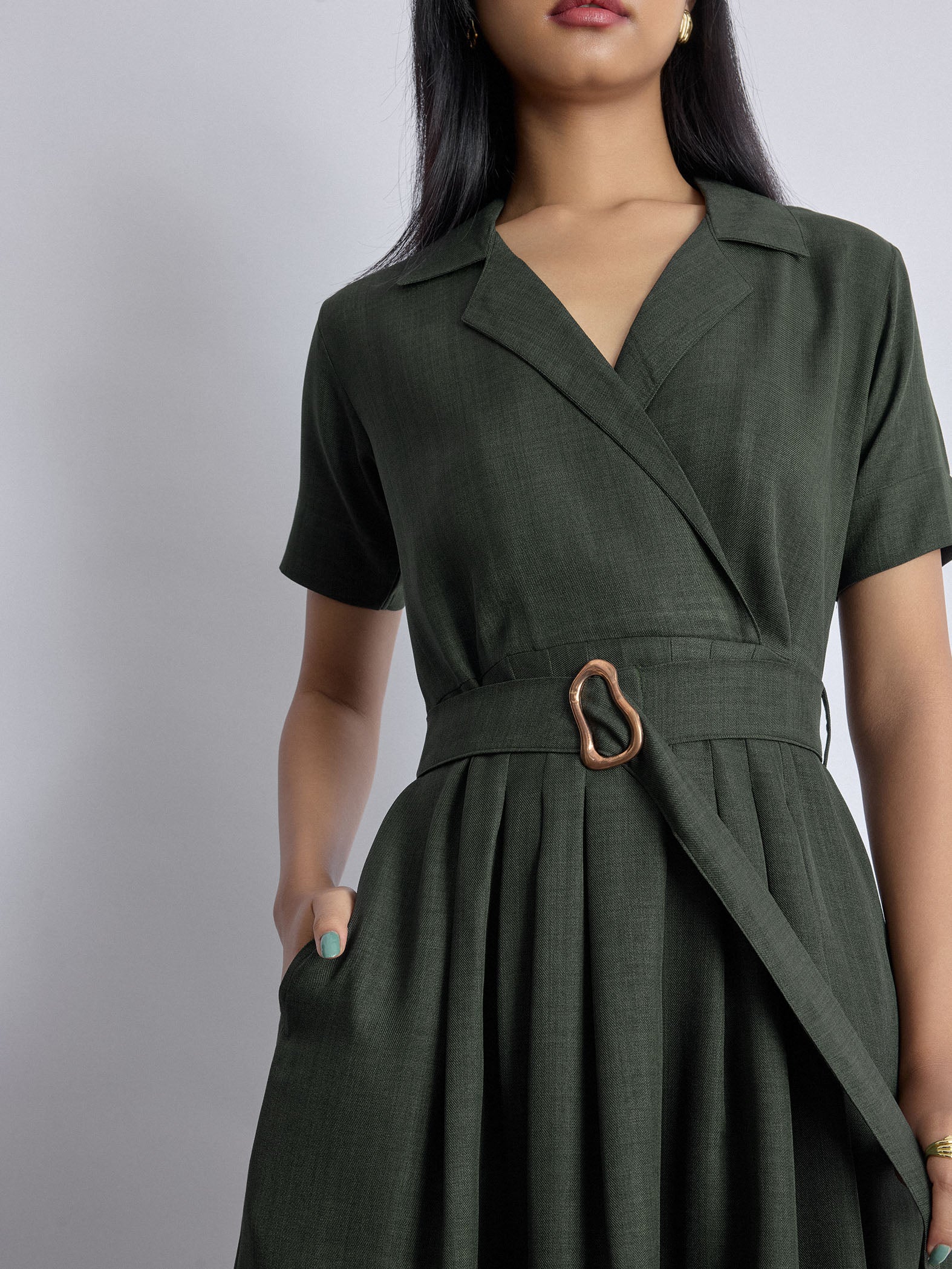 Dark Fern Linen Belted Dress