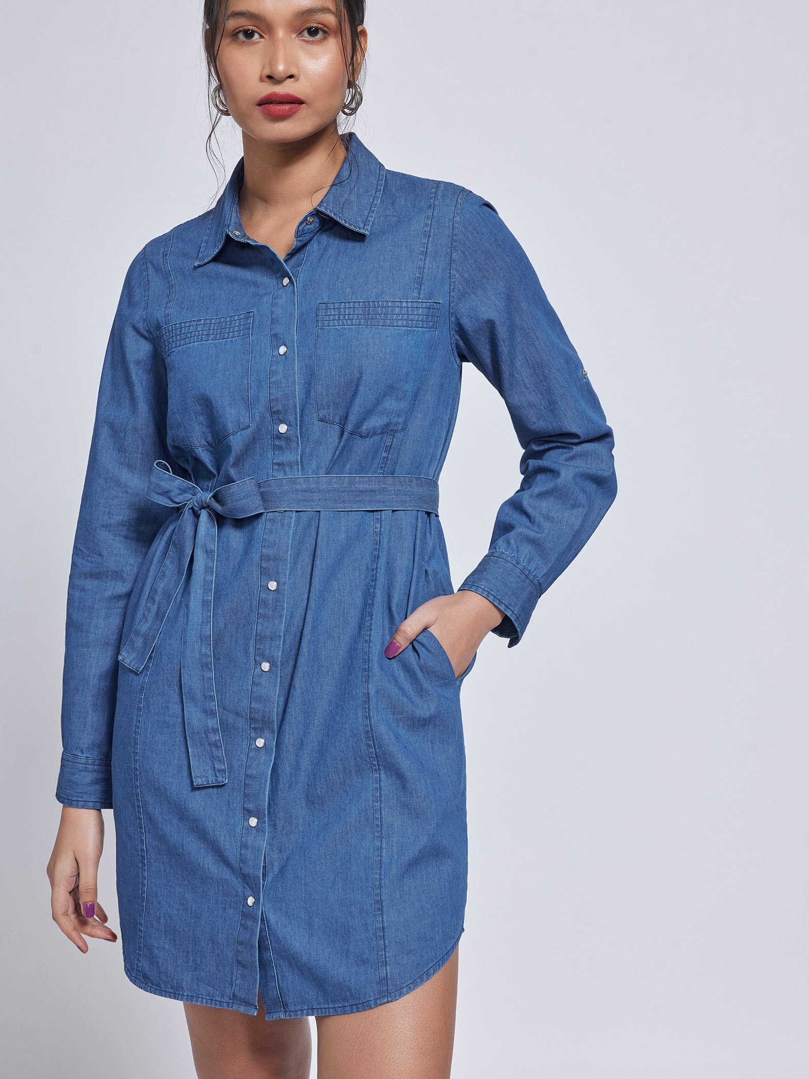 Denim Belted Mini Shirt Dress