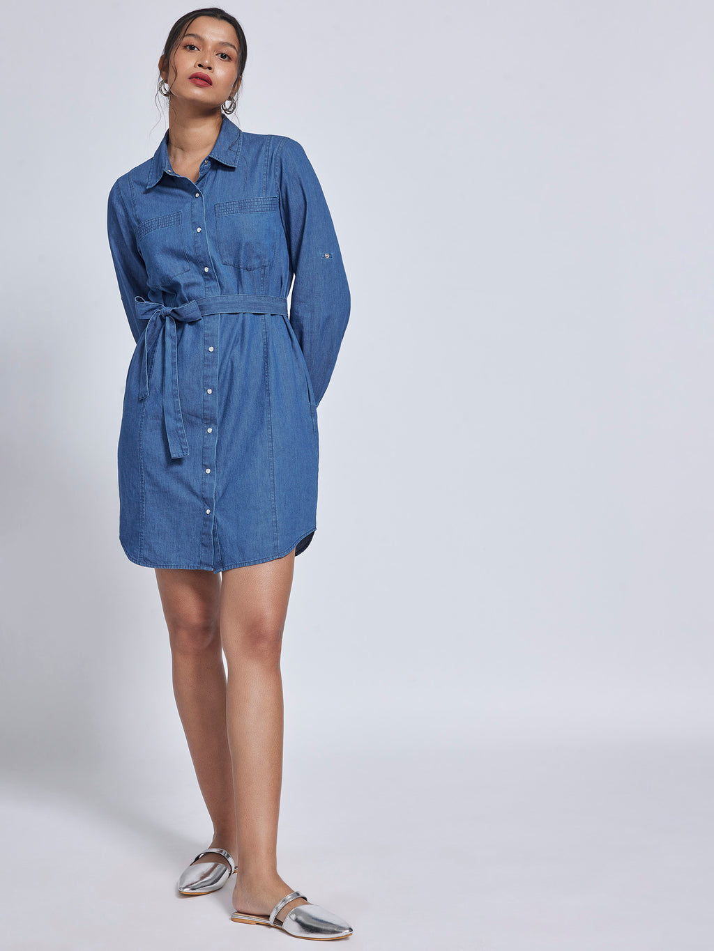 Denim Belted Mini Shirt Dress