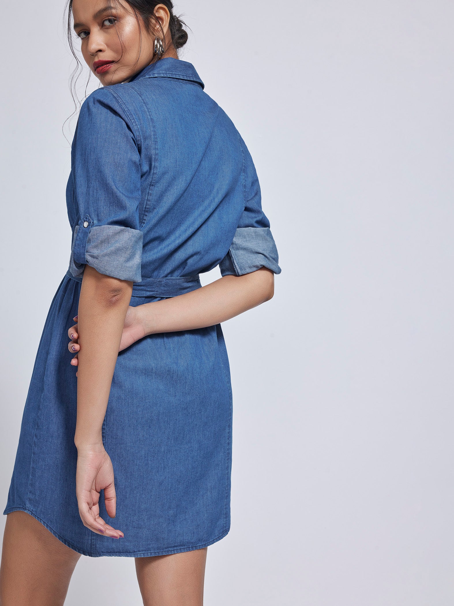 Denim Belted Mini Shirt Dress