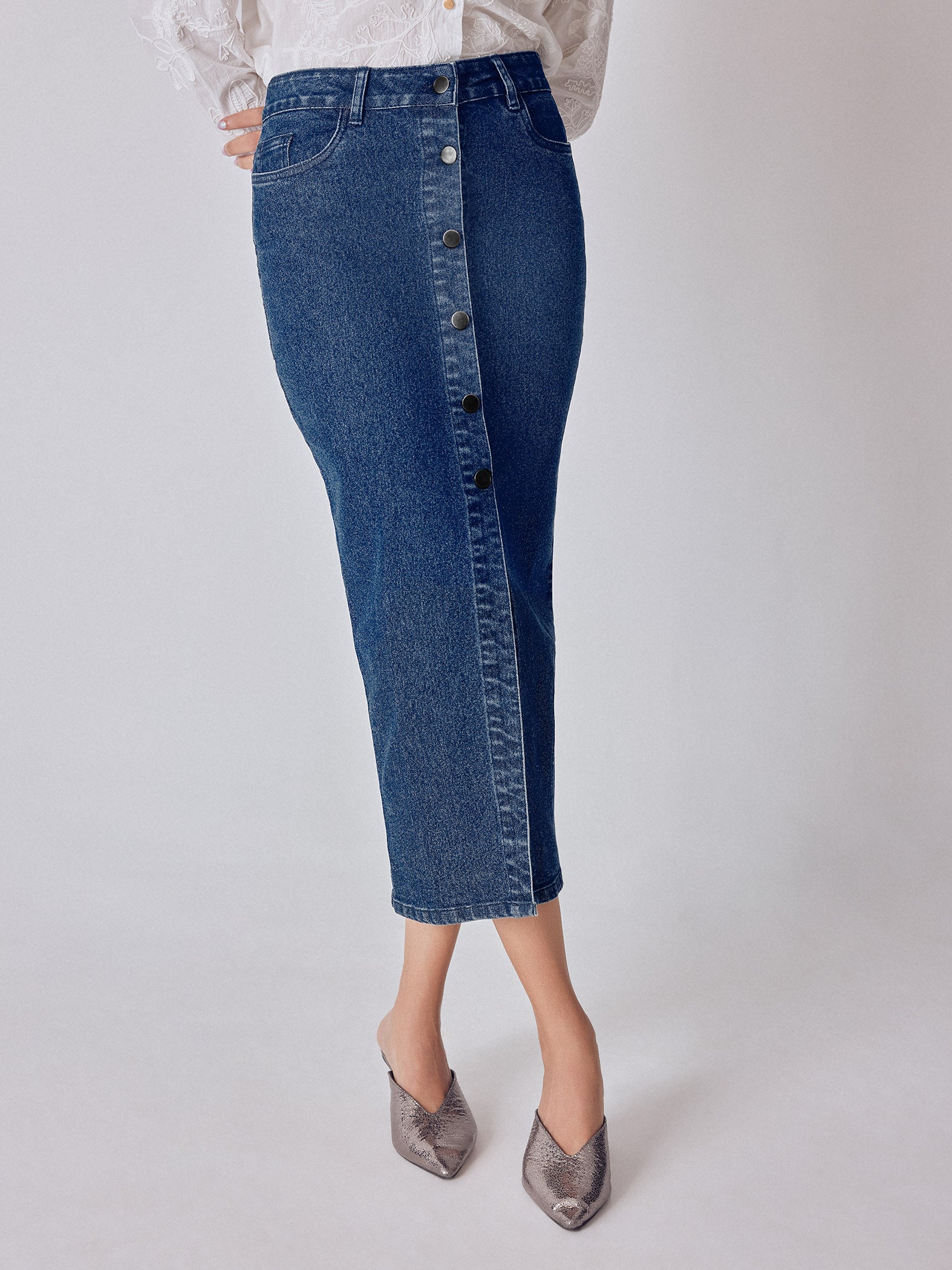 Denim Buttoned Front Slit Skirt