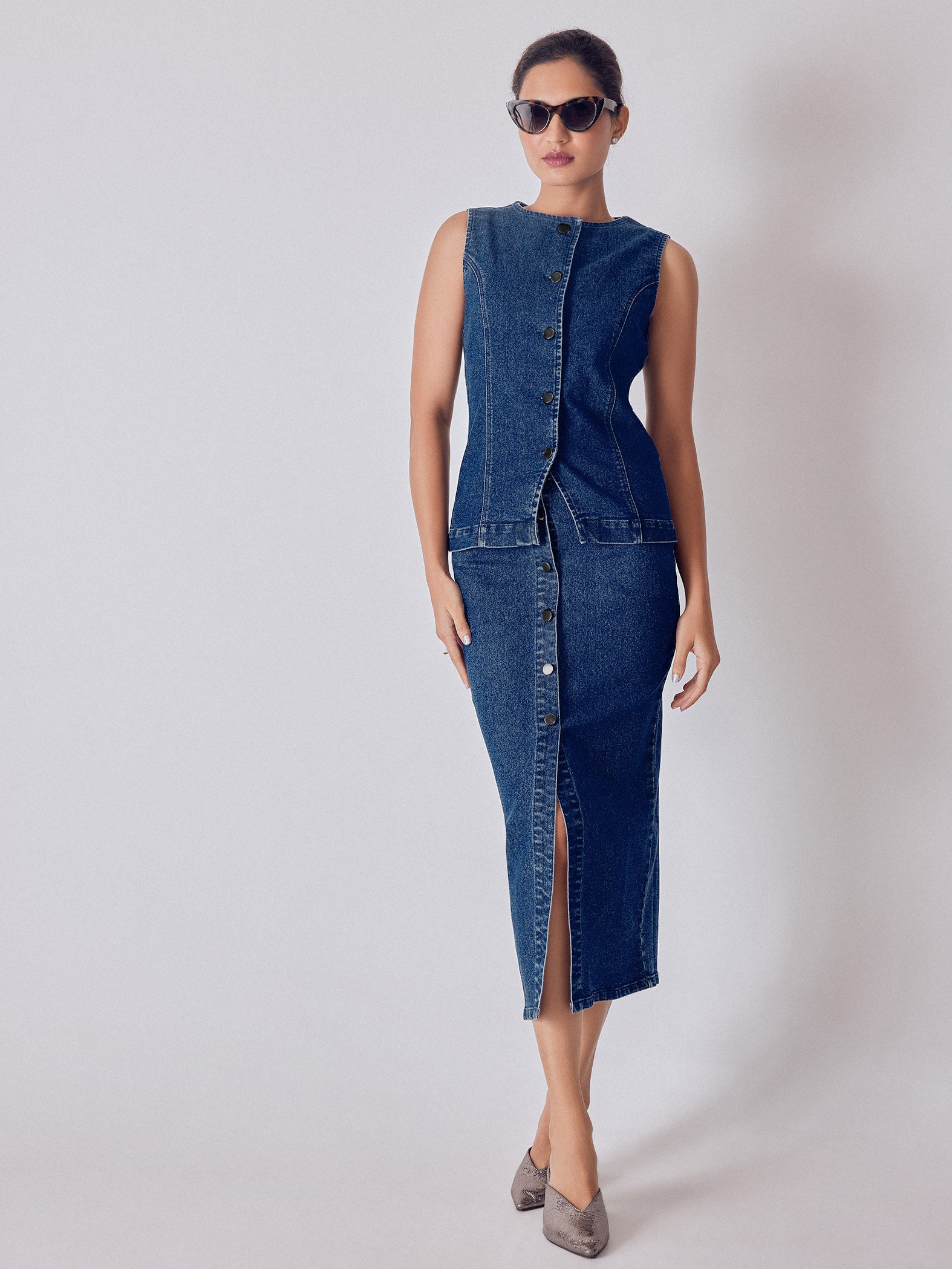 Denim Buttoned Front Slit Skirt