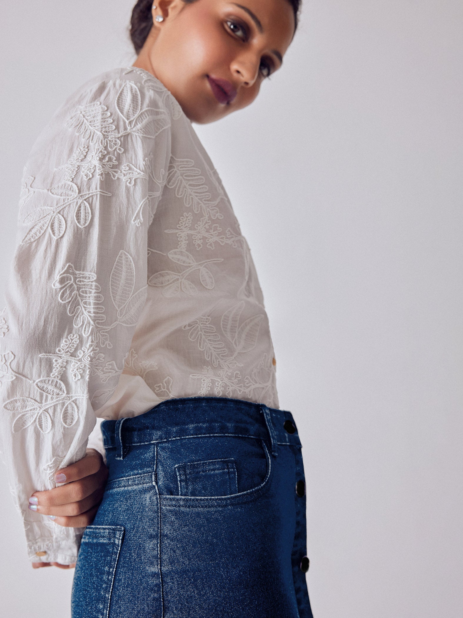 Denim Buttoned Front Slit Skirt