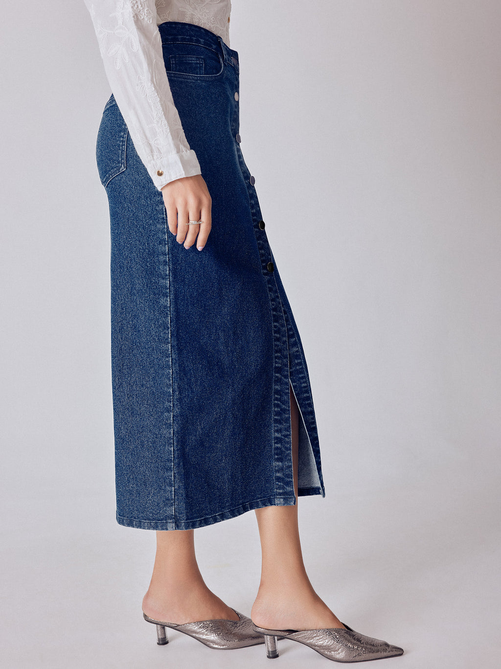Denim Buttoned Front Slit Skirt