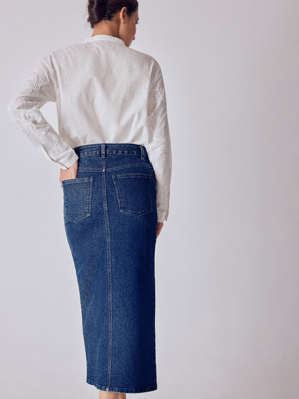 Denim Buttoned Front Slit Skirt