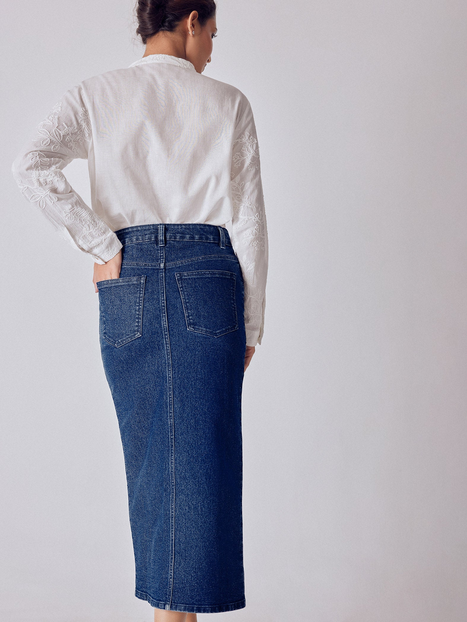 Denim Buttoned Front Slit Skirt