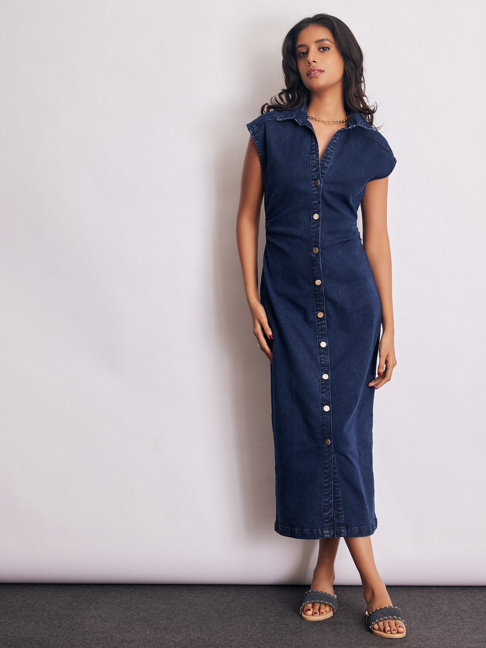 Denim Ruched Shirt Dress