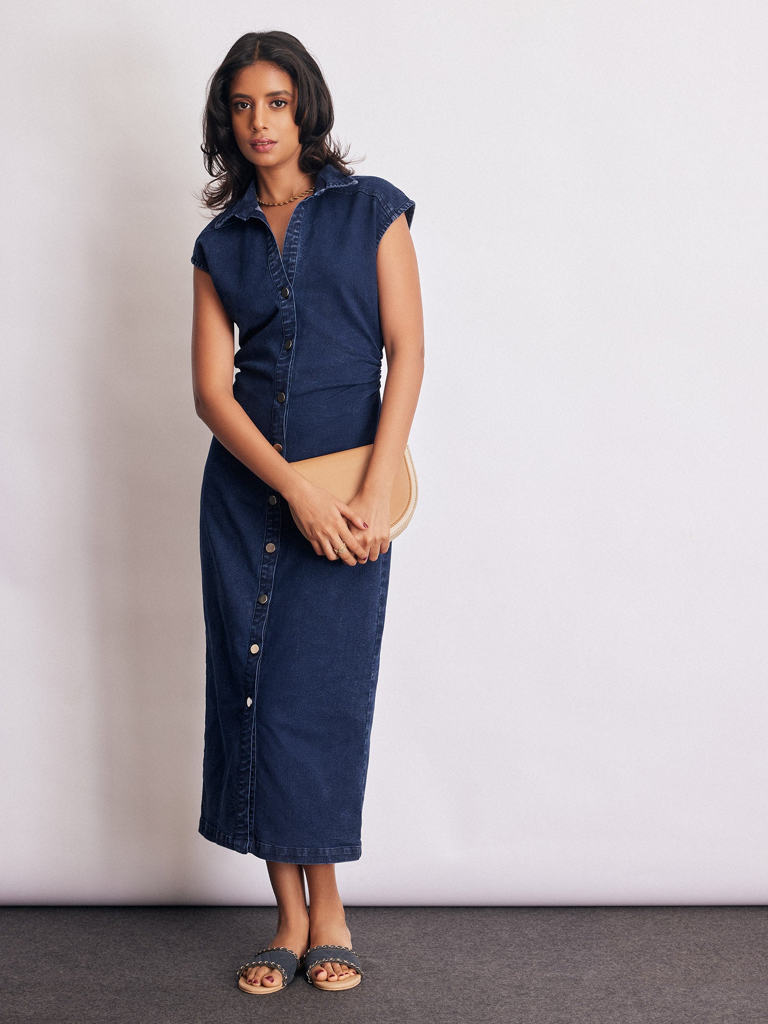 Denim Ruched Shirt Dress