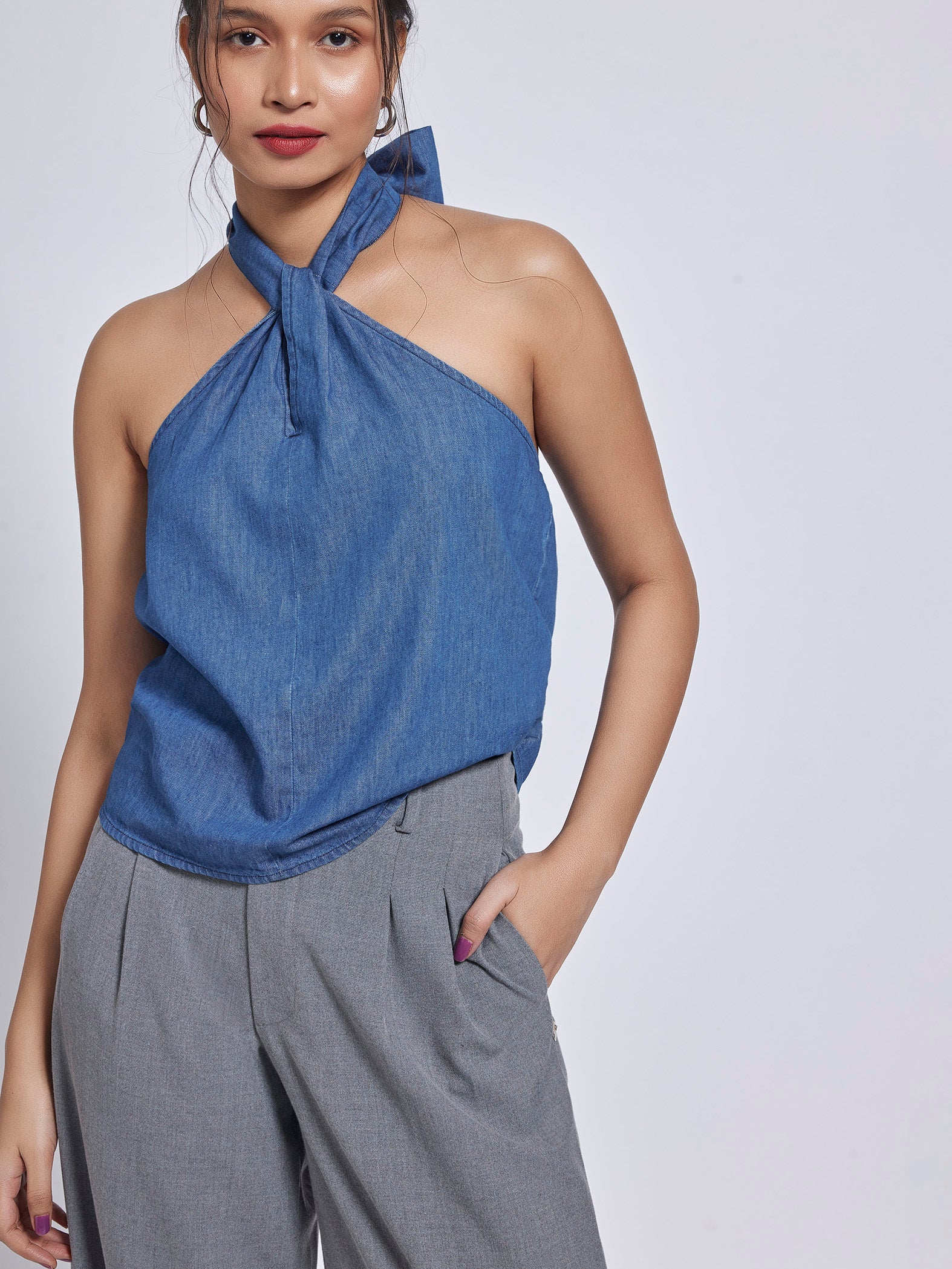 Denim Twisted Halter Neck Top