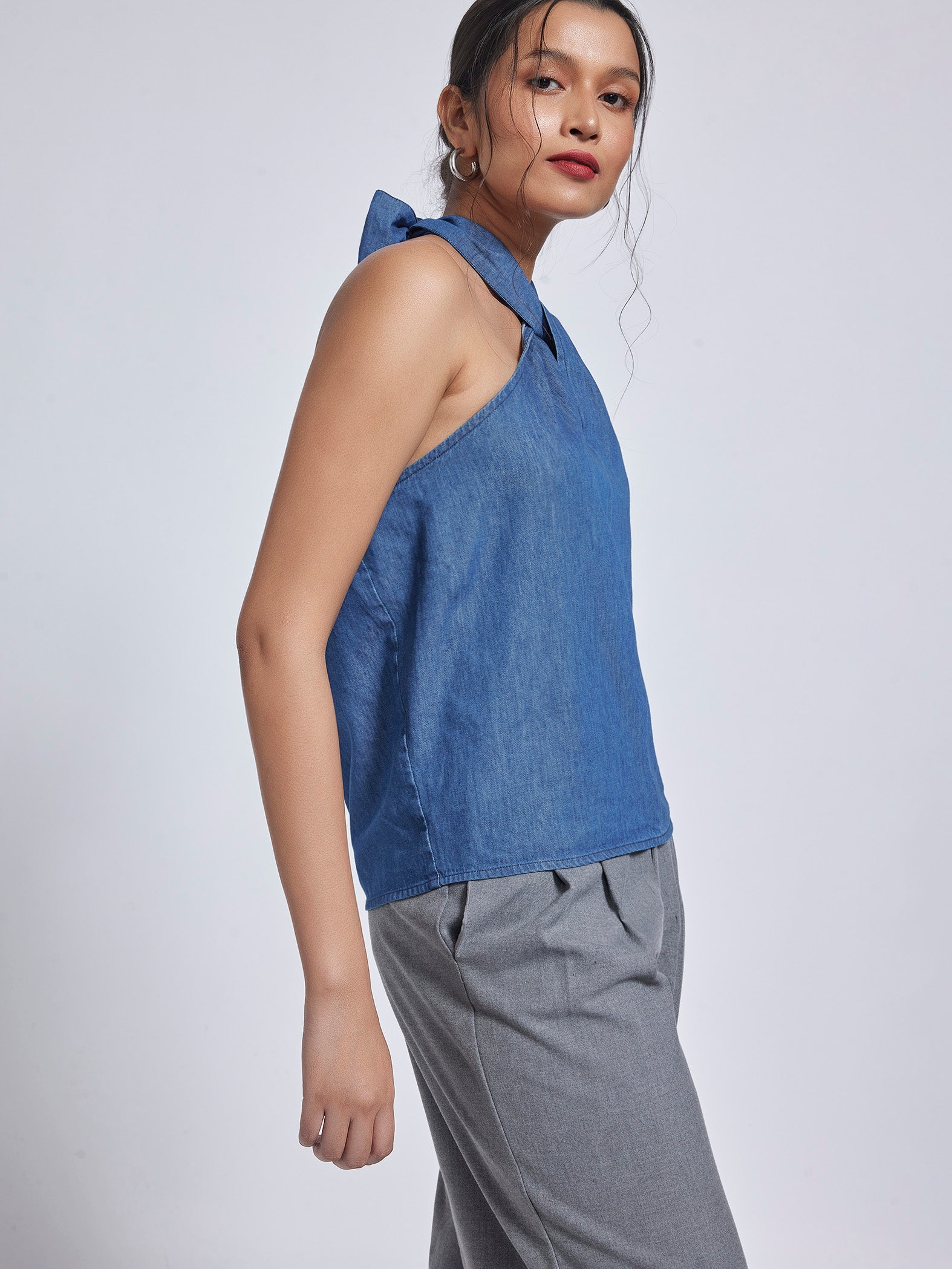 Denim Twisted Halter Neck Top