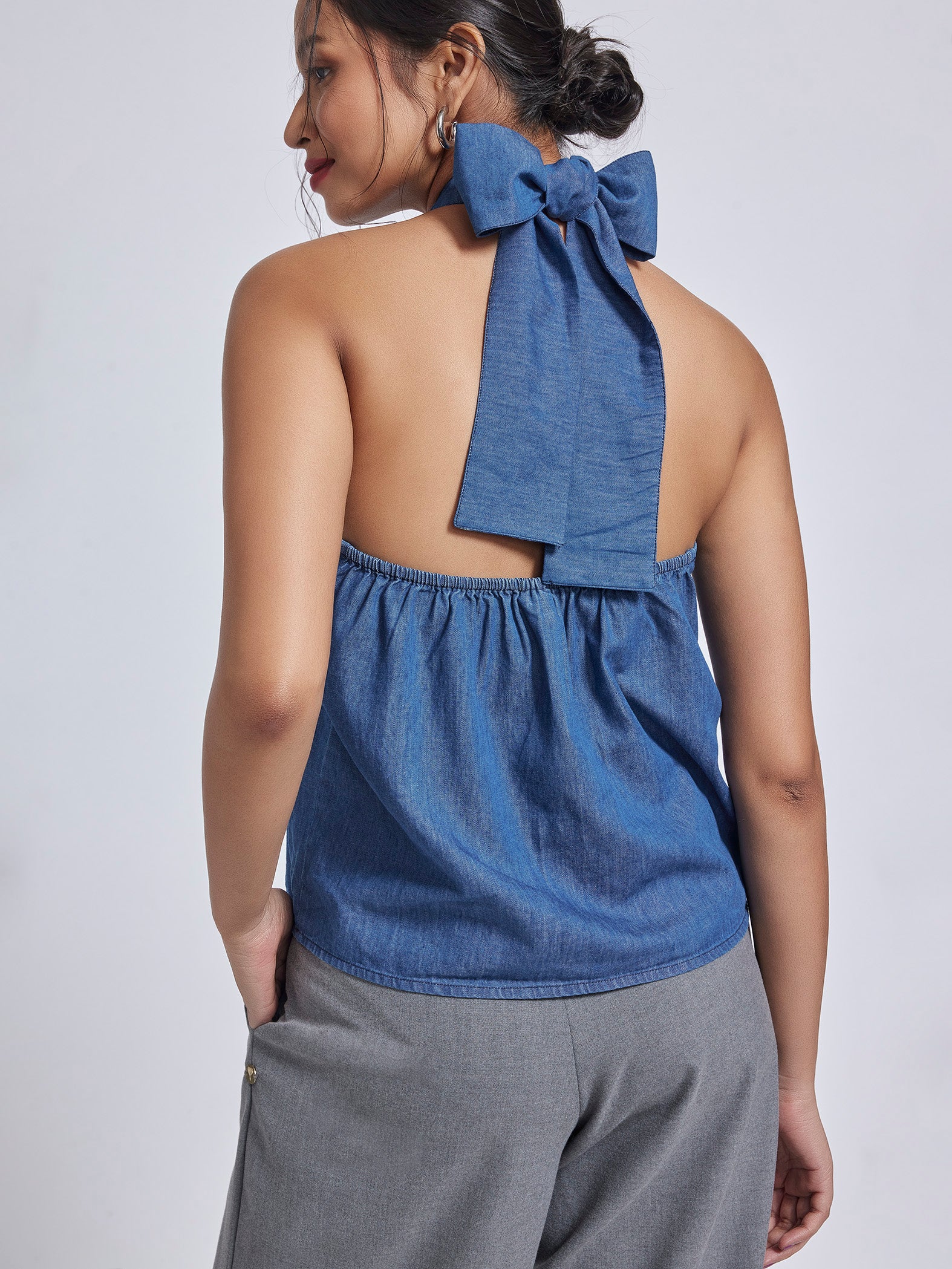 Denim Twisted Halter Neck Top