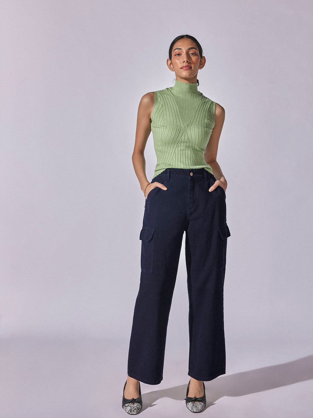 Denim Wide Leg Cargo Pants