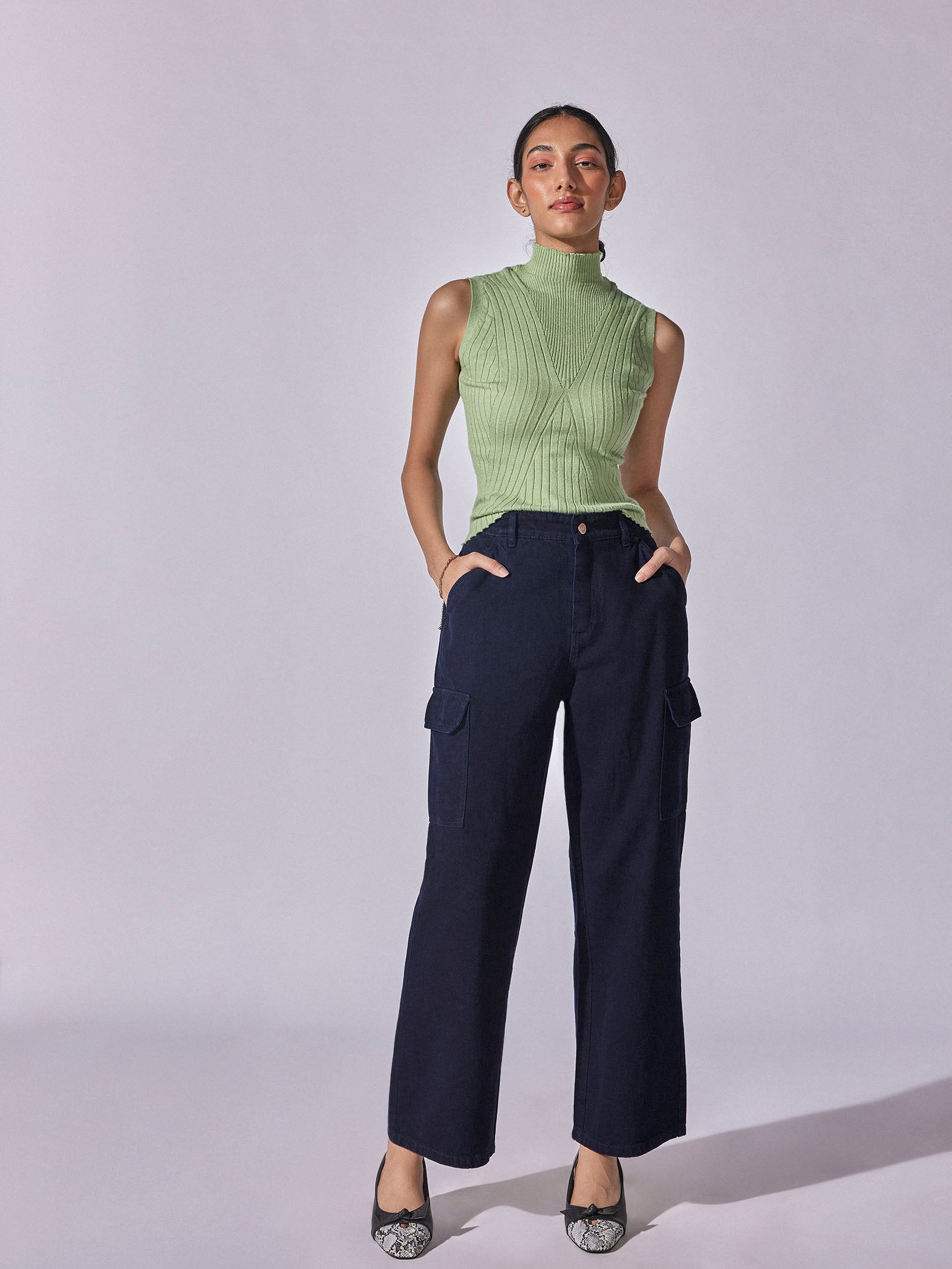 Denim Wide Leg Cargo Pants