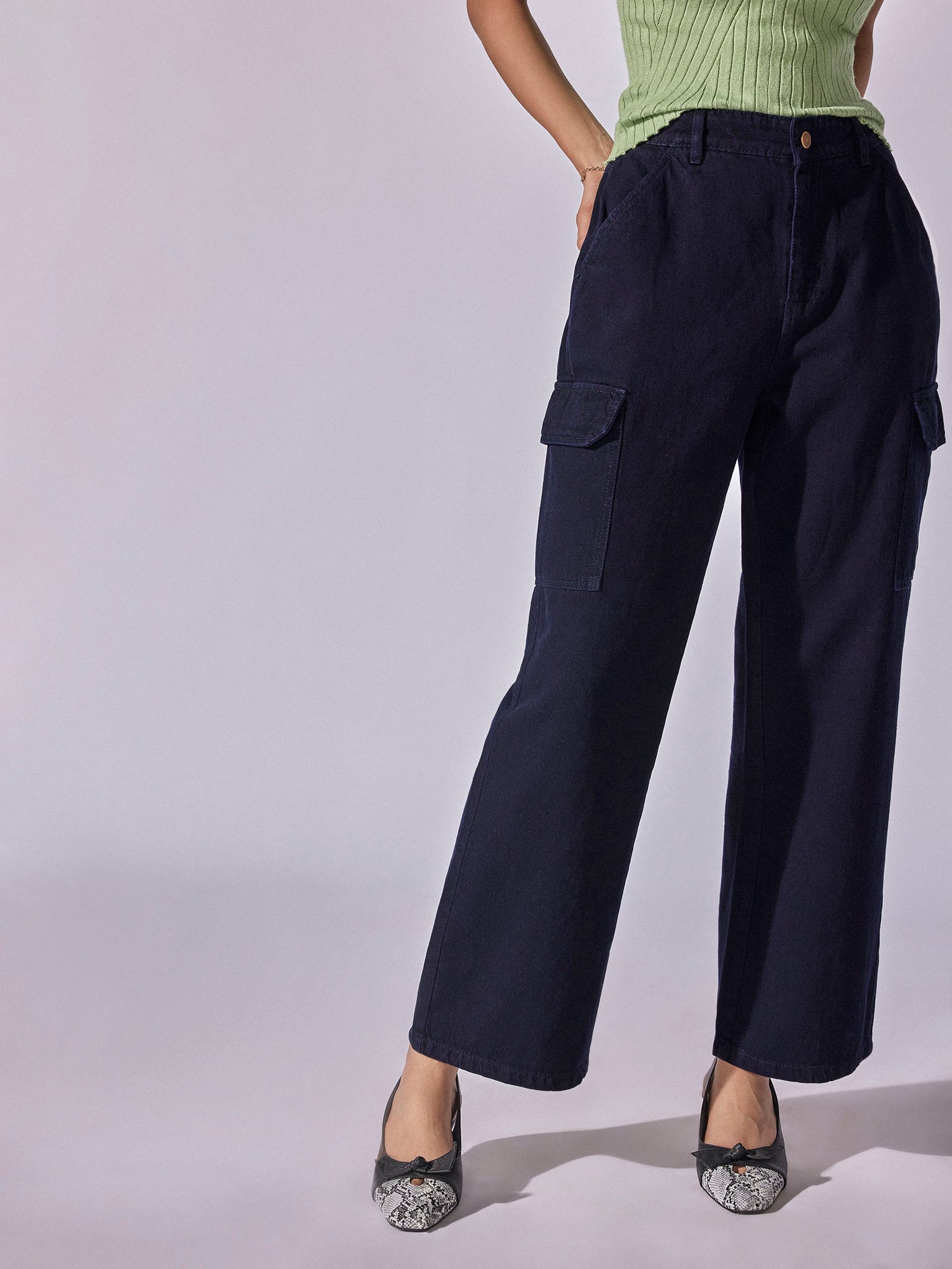 Denim Wide Leg Cargo Pants