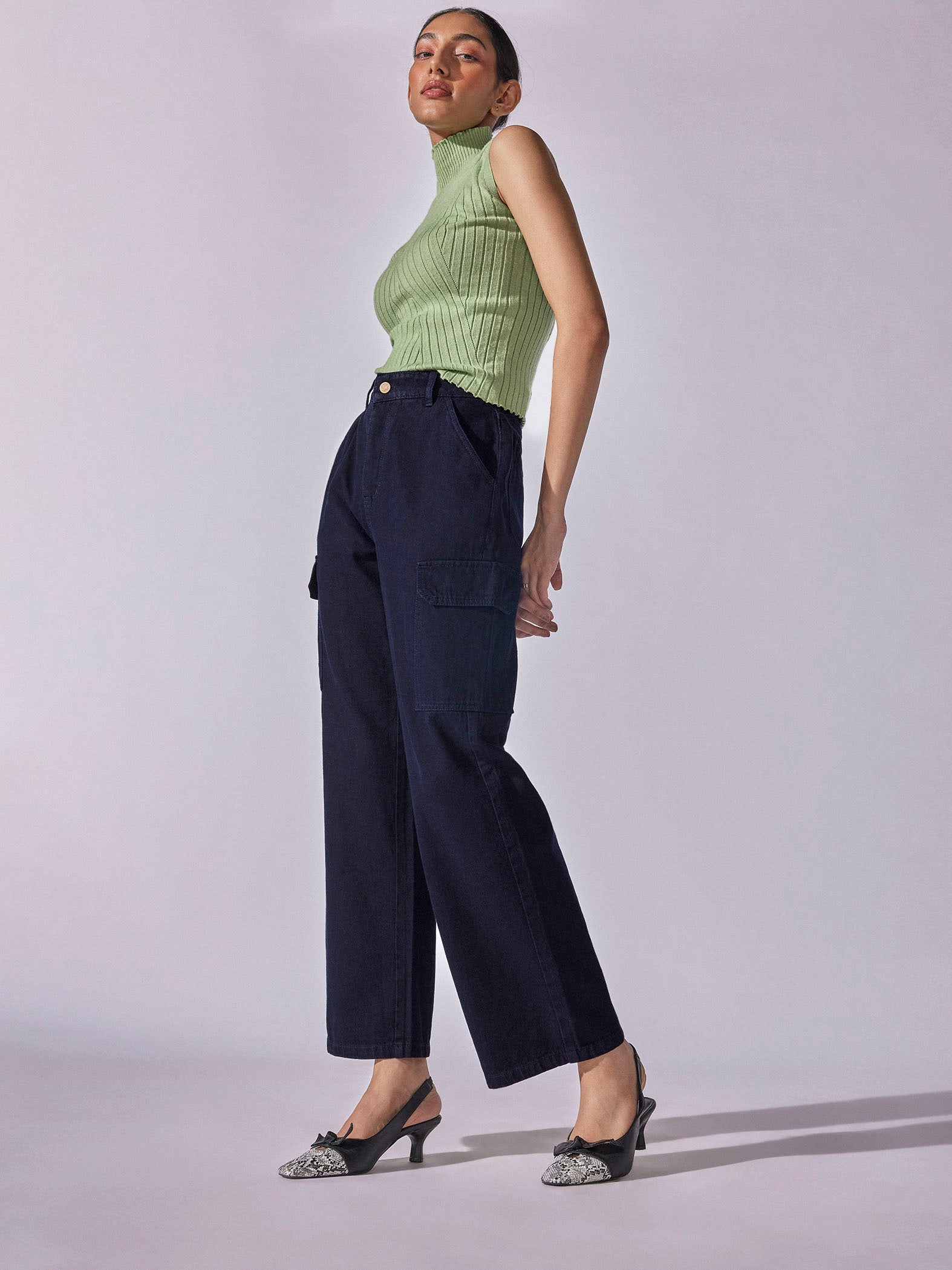 Denim Wide Leg Cargo Pants