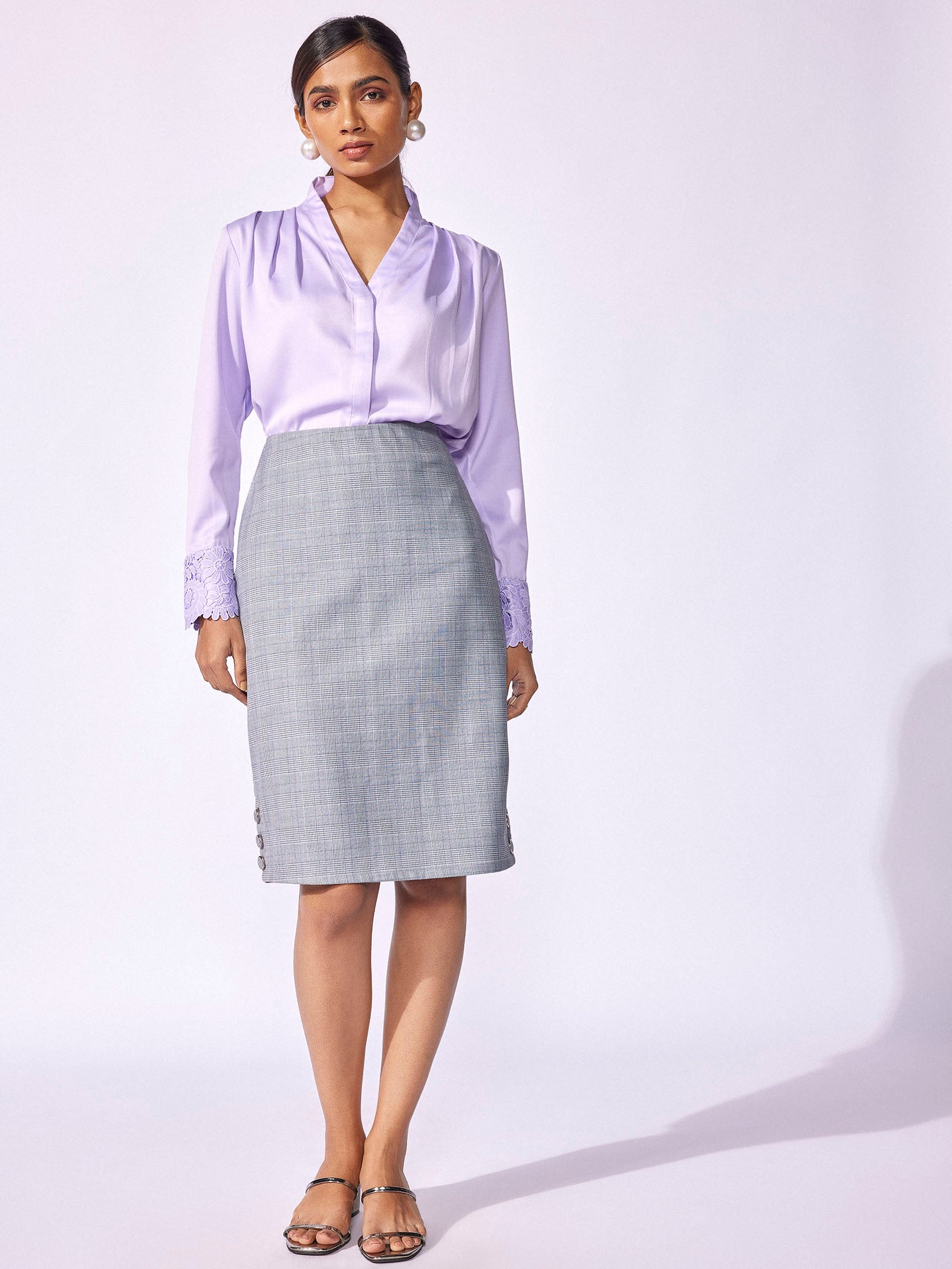 Dusty Blue Checked Pencil Skirt