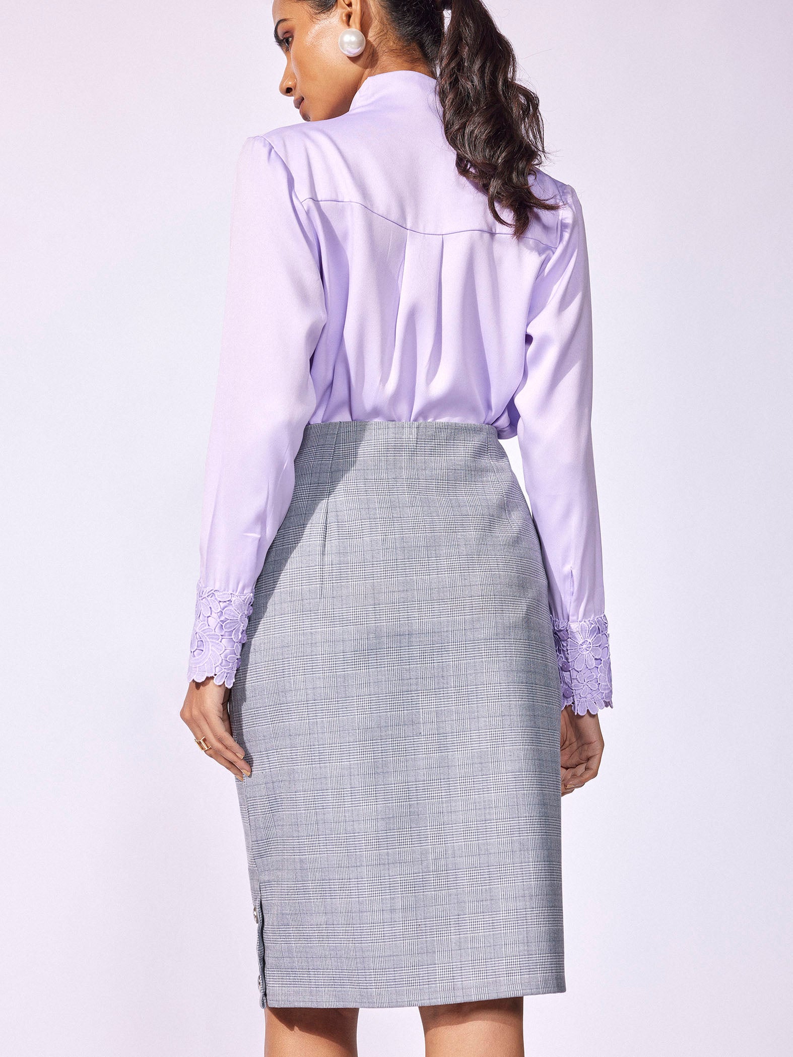 Dusty Blue Checked Pencil Skirt