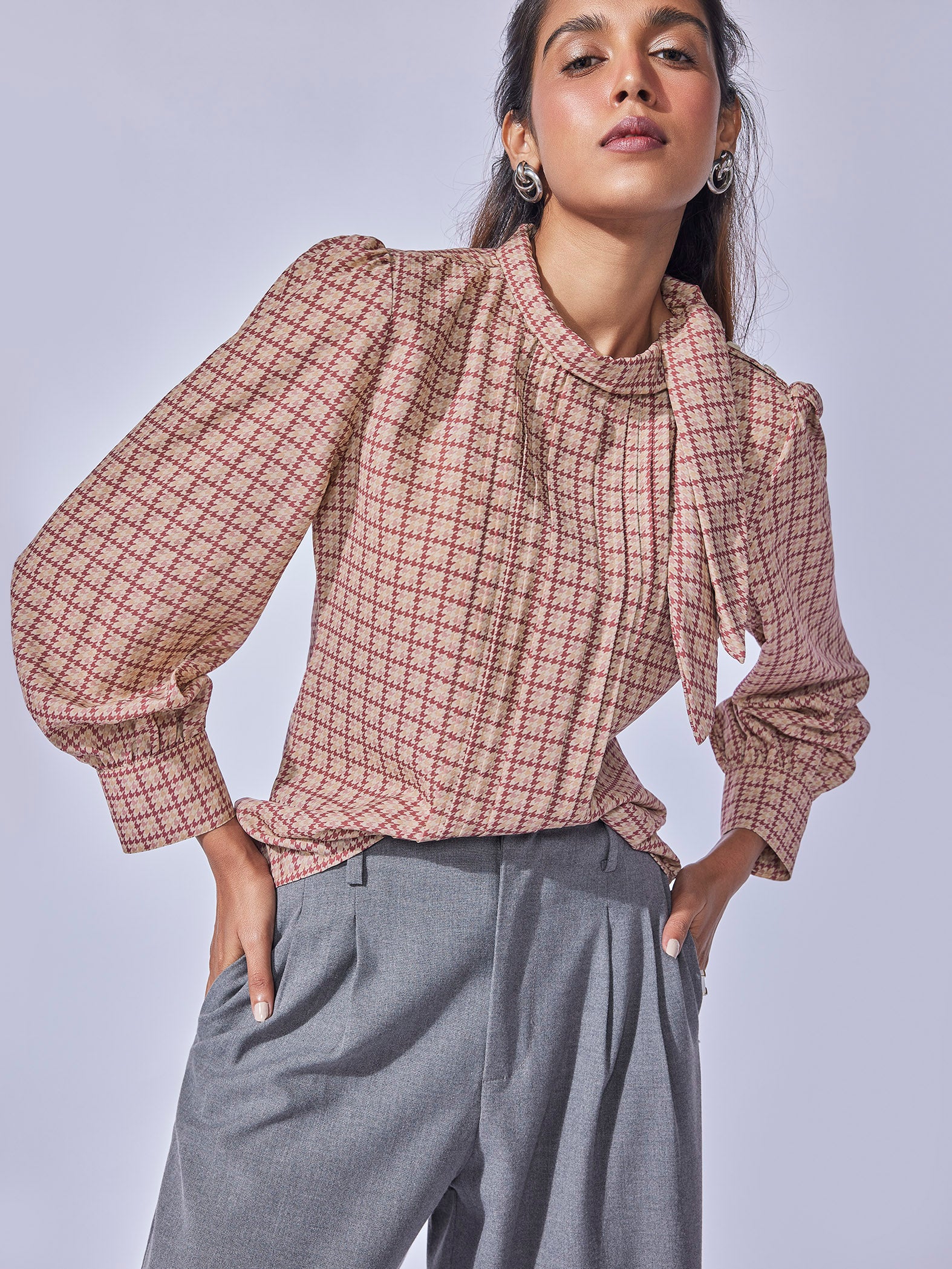 Dusty Rose Printed Side Neck Tie-Up Top