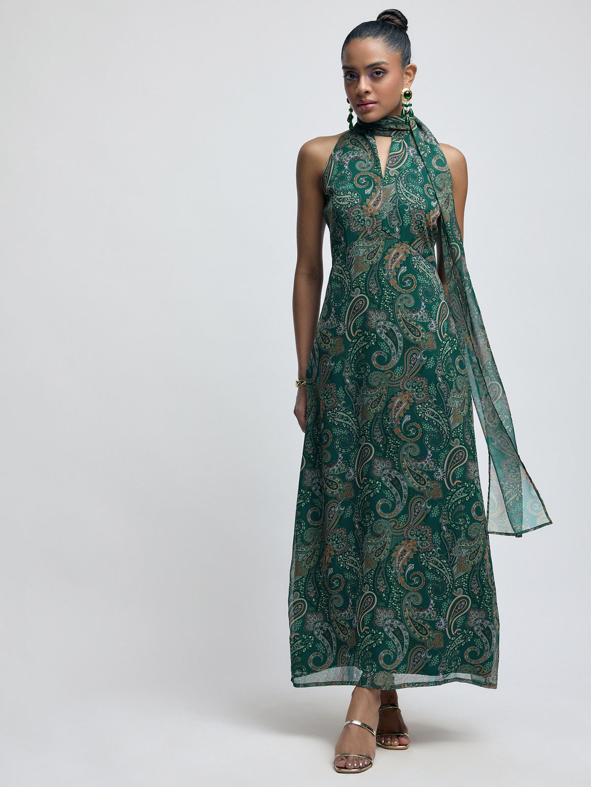 Emerald Paisley Halter Maxi Dress
