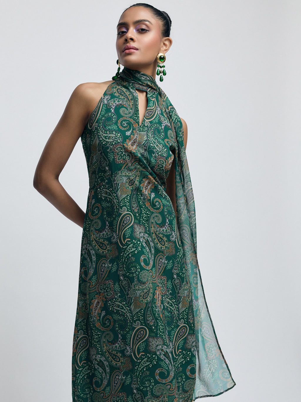 Emerald Paisley Halter Maxi Dress
