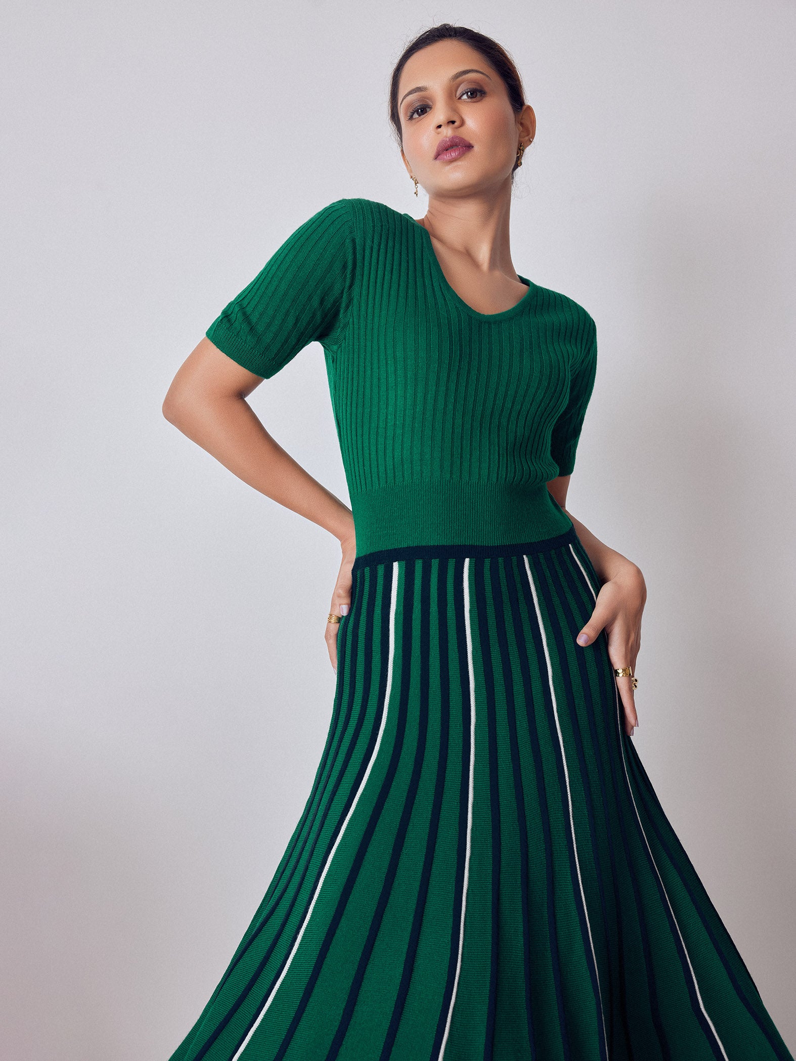 Emerald Stripe Detail Midi Dress