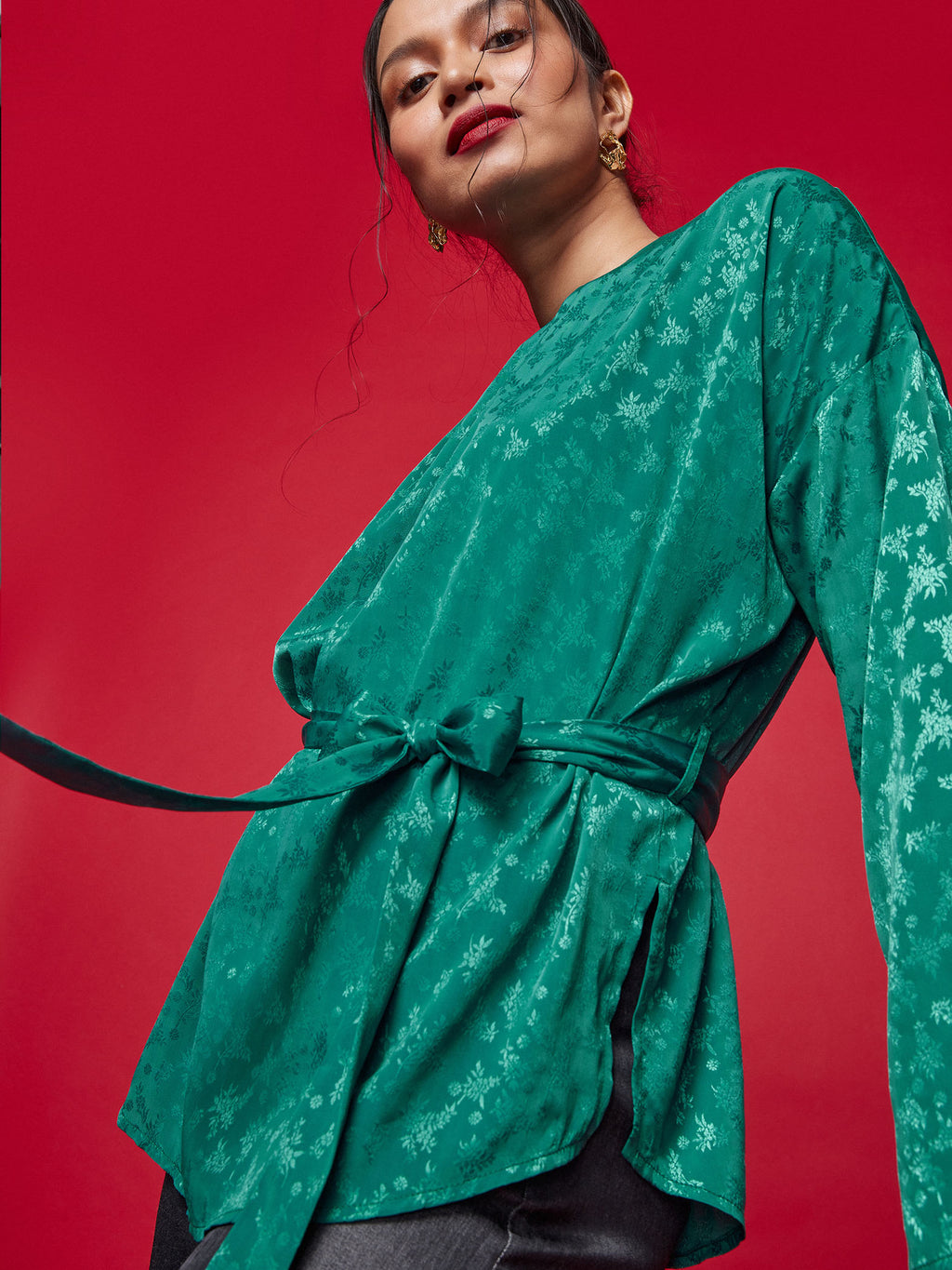 Evergreen Jacquard Belted Top