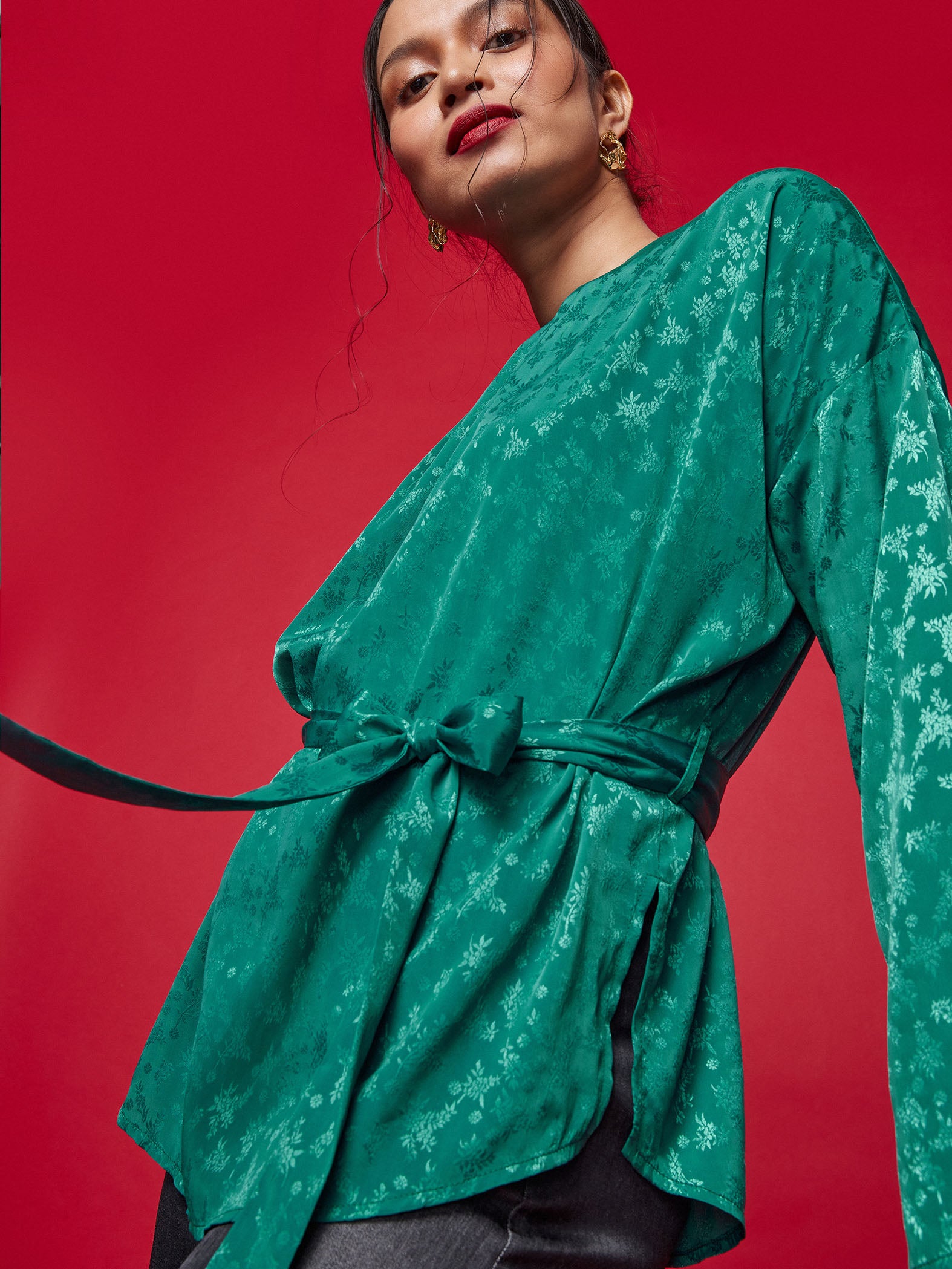 Evergreen Jacquard Belted Top