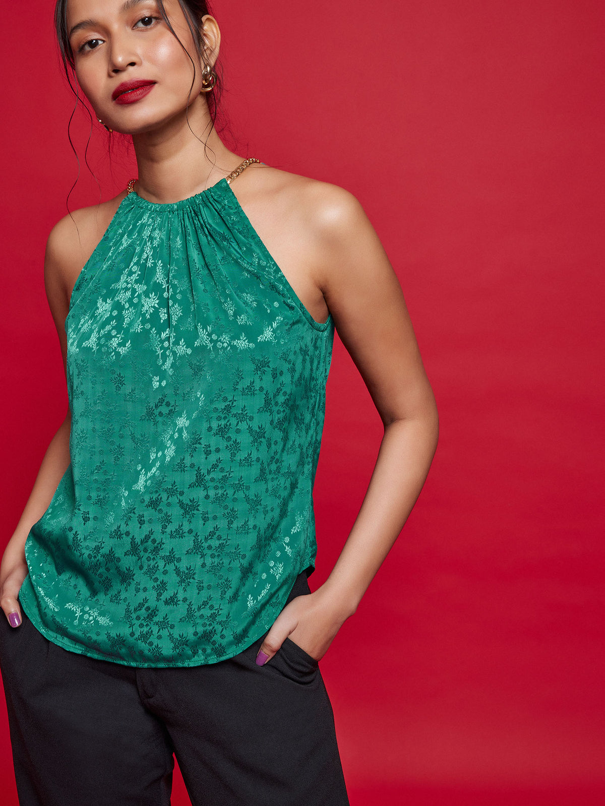 Evergreen Jacquard Chain Halter Neck Top