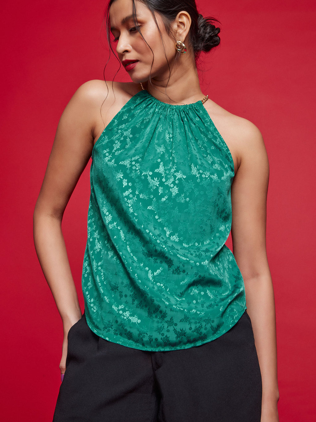 Evergreen Jacquard Chain Halter Neck Top