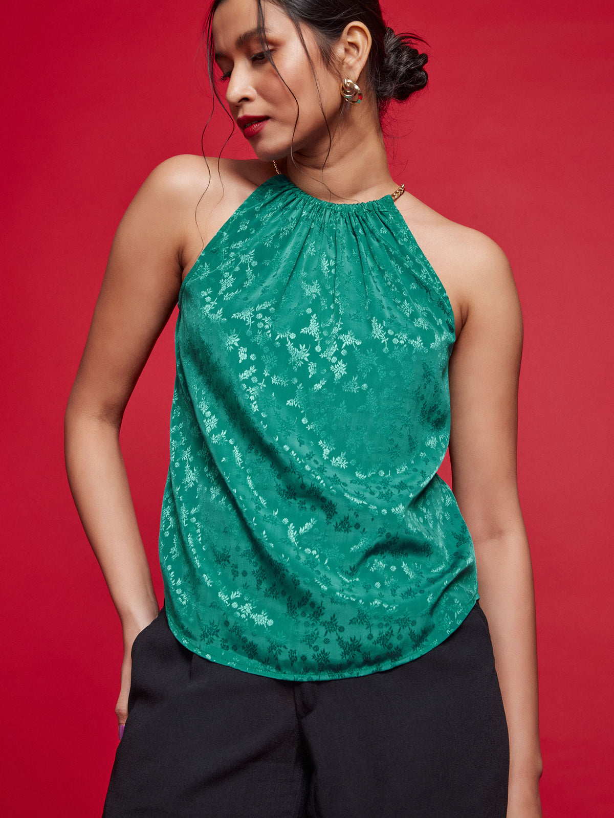 Evergreen Jacquard Chain Halter Neck Top