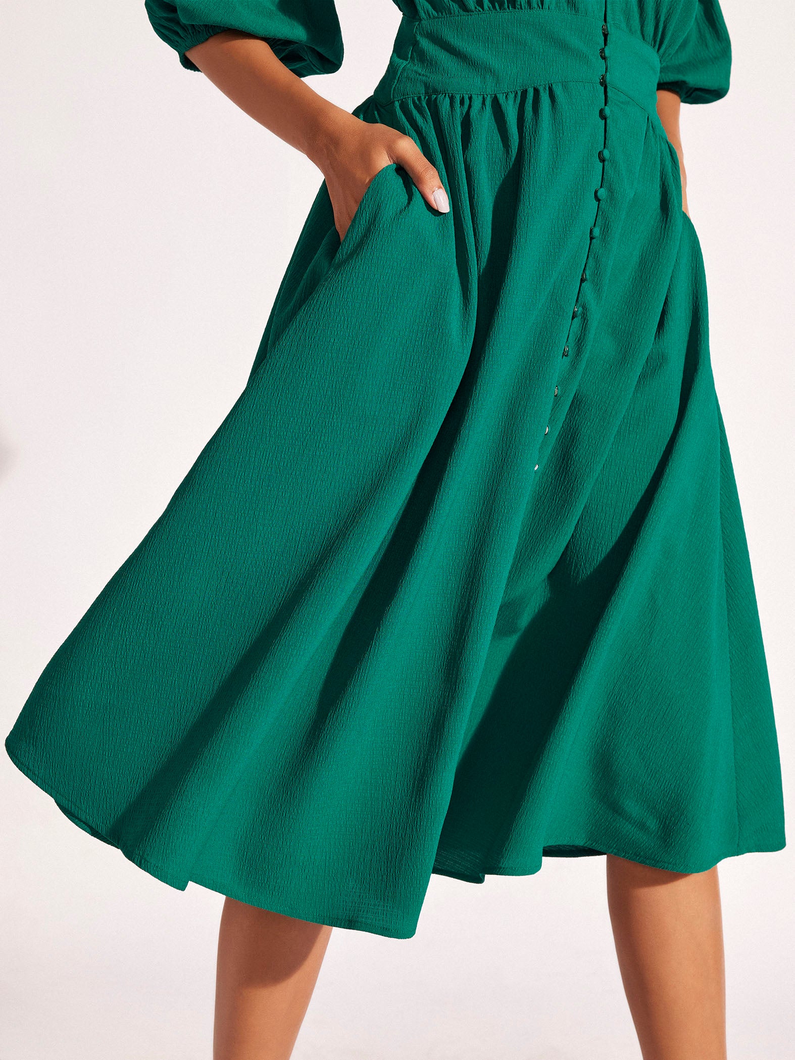 Forest Puff Sleeve Midi Dress