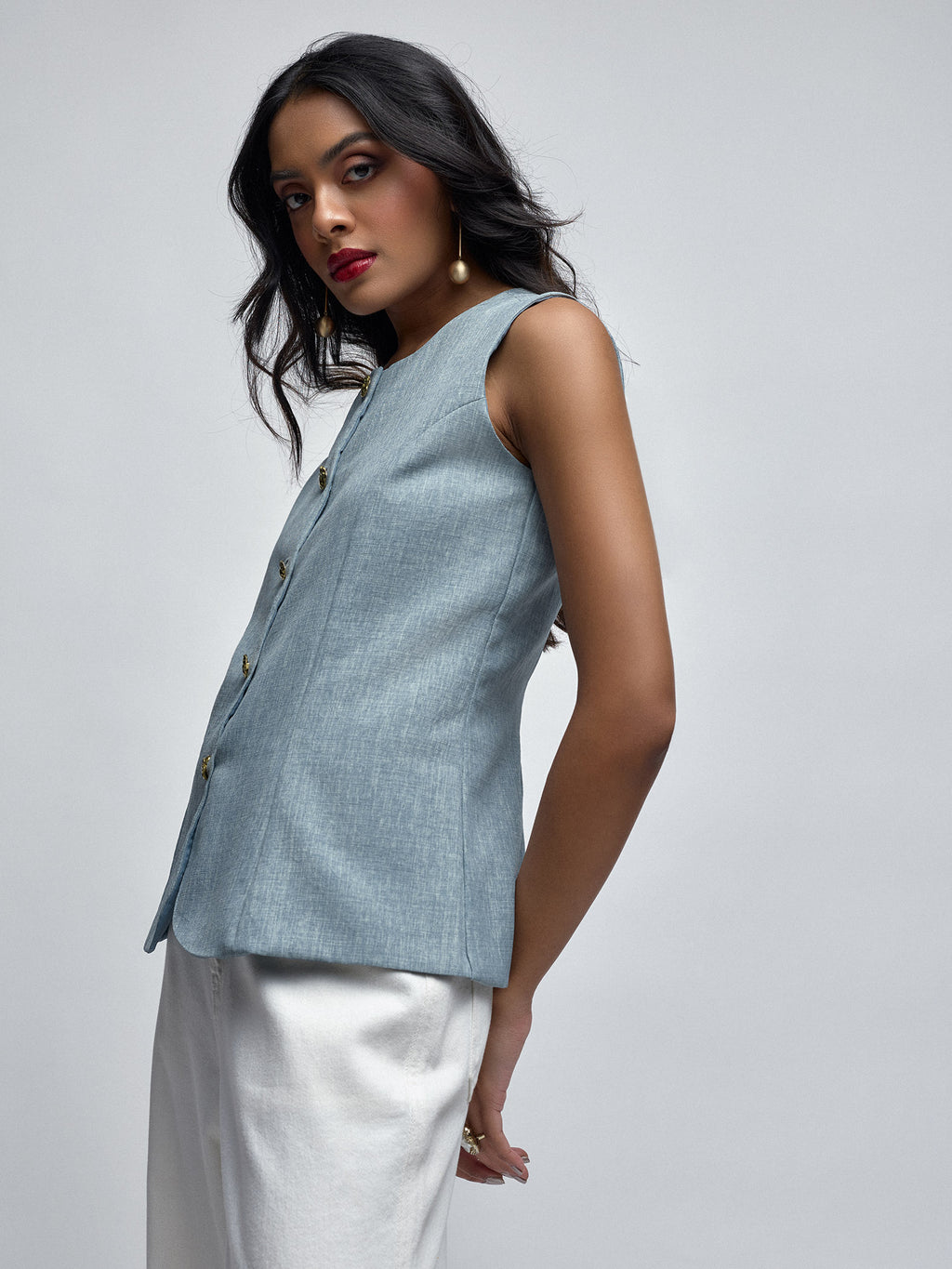 Frosty Blue Gold Button Waistcoat