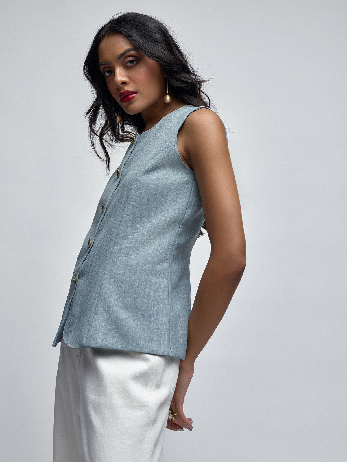 Frosty Blue Gold Button Waistcoat