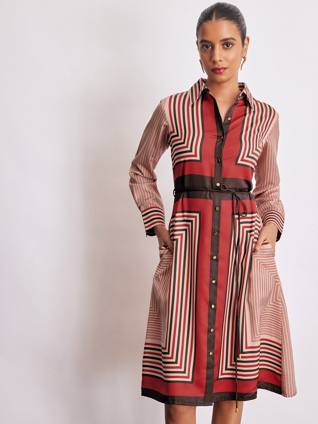 Geometric Scarf Print Shirt Dress