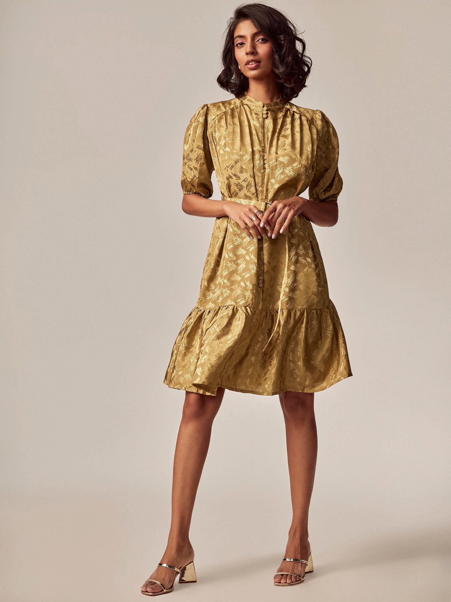 Gold Jacquard Puff Sleeve Dress