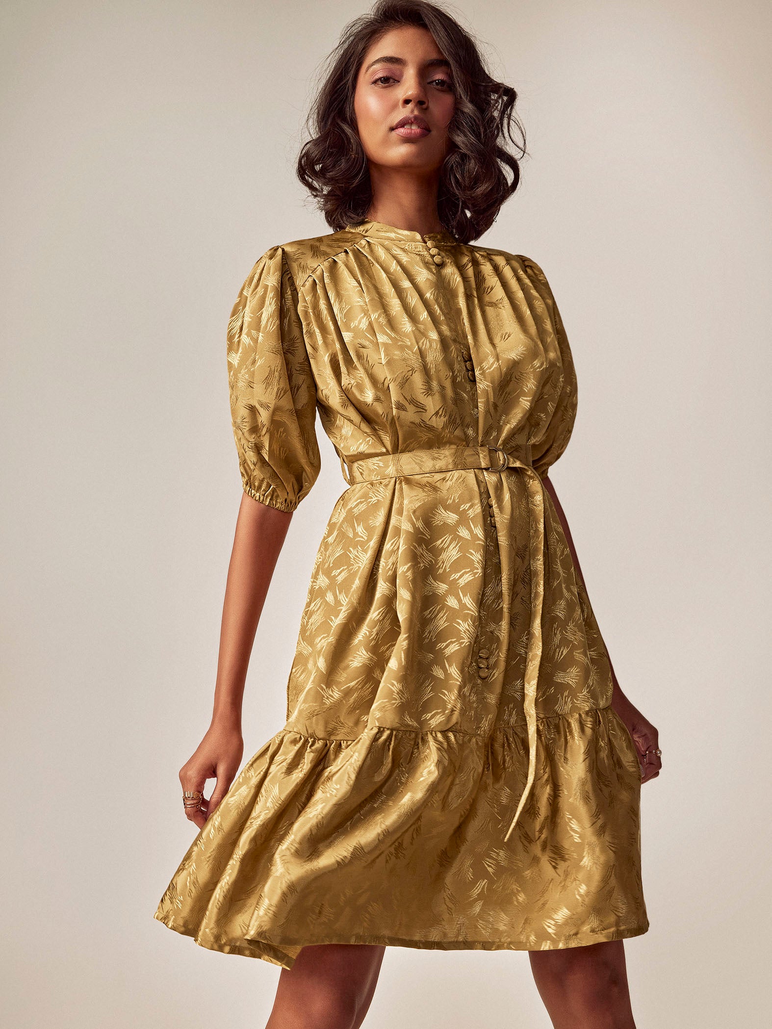 Gold Jacquard Puff Sleeve Dress