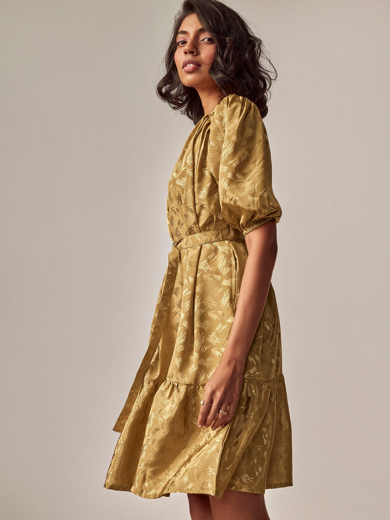 Gold Jacquard Puff Sleeve Dress