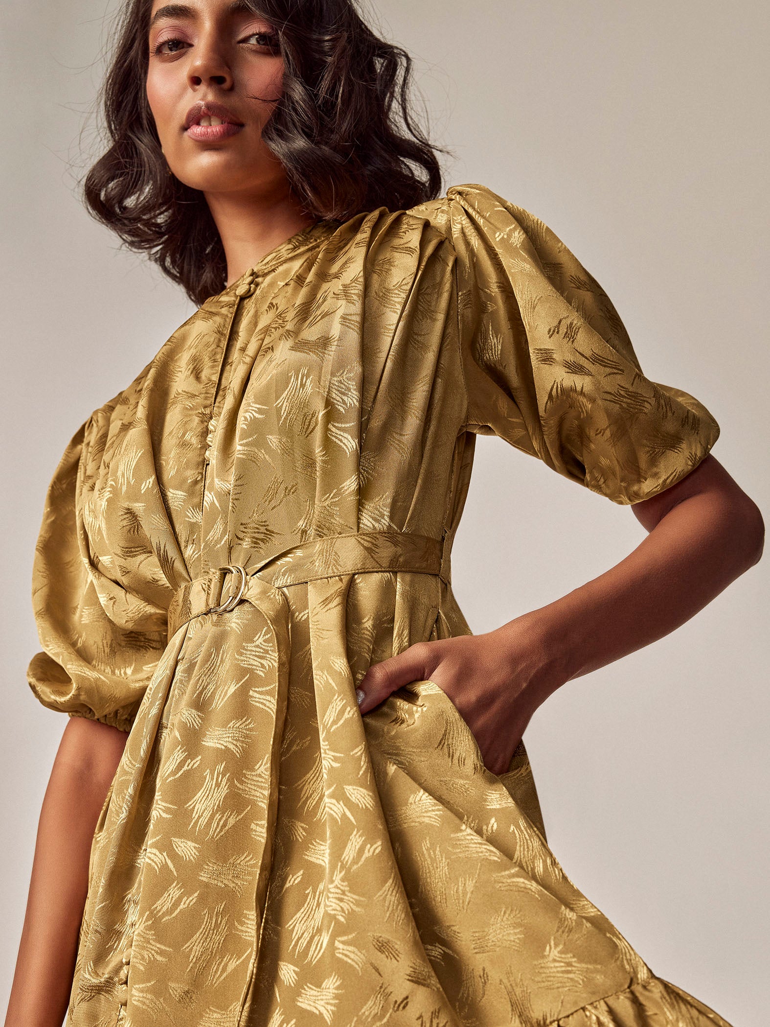Gold Jacquard Puff Sleeve Dress
